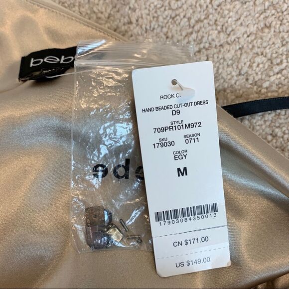 BEBE beige hand beaded one shoulder cutout ruched mini dress Sz M NWT 🔥 - Picture 6 of 11